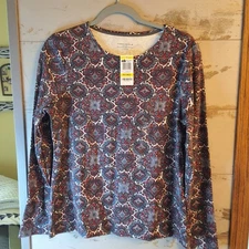 NWT-Charter Club Top Size M Petite Gray Red Long Sleeve Pima Cotton 