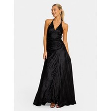 Betsey Johnson Black 100% Silk Ruched Halter Maxi Gown Dress Y2K 6 S