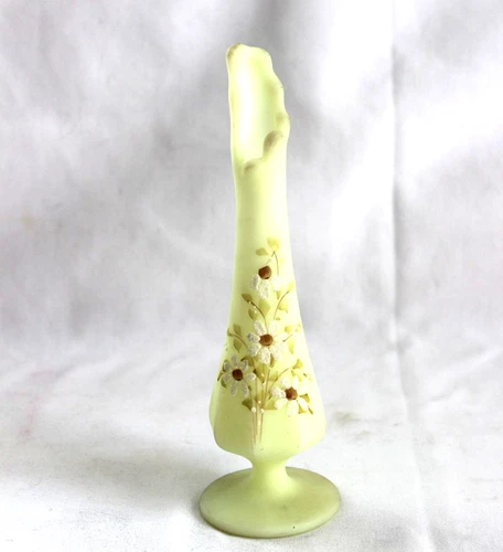 Fenton Satin Custard Swung 7.5" Bud Vase Hand Painted Floral Flower Signed Glass