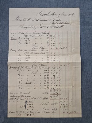 1886 Shipping Doc Manchester to Philadelphia bought by JAMES PRESCOTT