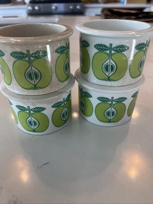 Vintage ARABIA Finland Set Of 4 Green Apple Pomona White Ceramic Jam Jar No Lid