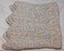 Crochet Knit Scalloped Ends Pastel Pink/Blue/Yellow Baby Blanket Throw 32X30