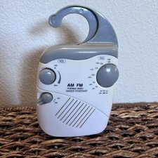 Water-Resistant AM/FM Shower Radio w/ Hanging Hook, White/Gray