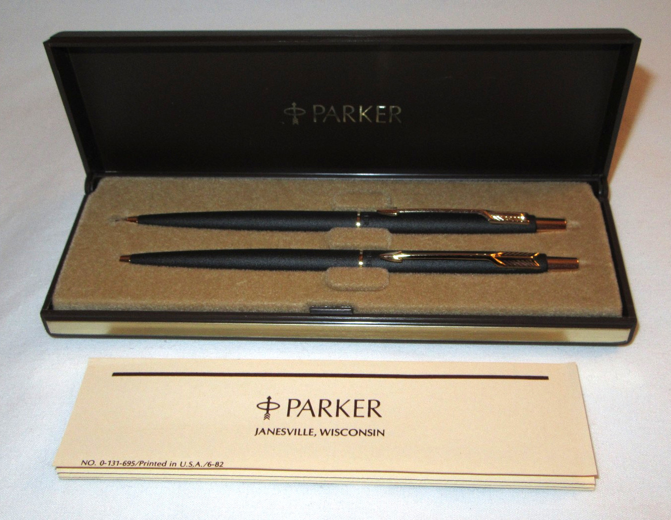 Vintage Parker Ball Pen & Pencil Set - Matte Black/Gray, Gold Trim with Case