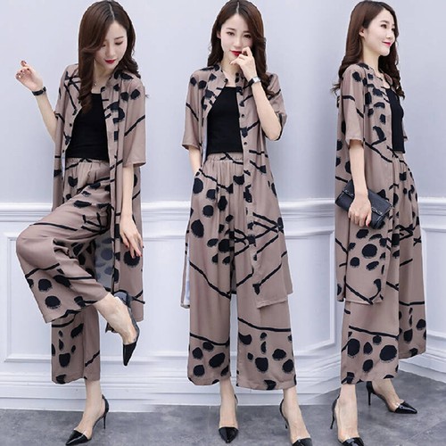 Conjunto informal de 2 piezas de gasa para mujer Traje suelto Pantalones de pierna ancha + Conjunto de blusa larga} - Imagen 10 de 15