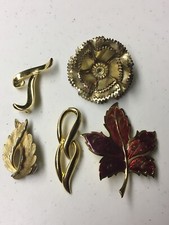 Lot Of 5 Random Pins Brooches Some Vintage, J Leaf Flower Victorian, Gold Tone