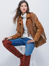 Women Western Cowgirl 1980's Style Suede Jacket Fringe Coats