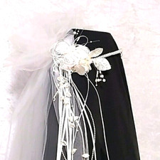 Vintage PEARL WEDDING VEIL Knee Length Tulle Head Band Flower Cluster Tulle Puff