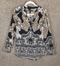 INC International Concepts Blouse Womens 8 Black Tan Paisley Popover Chic Career