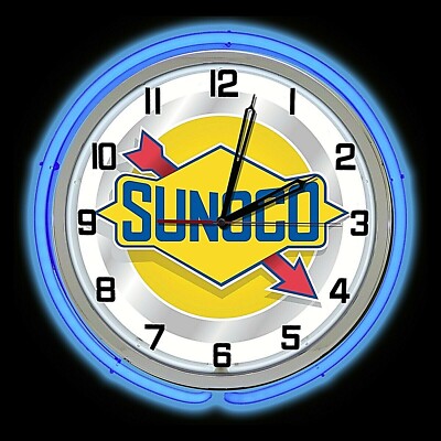 19'' Sunoco Oil Vintage Sign Double Blue Neon Clock Gasoline Gas Man Cave Garage