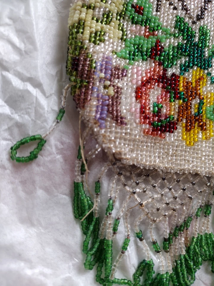 Antique Vintage Micro Seed Bead Floral Mosaic Purse Metal Frame 1900s - Изображение 4 из 4
