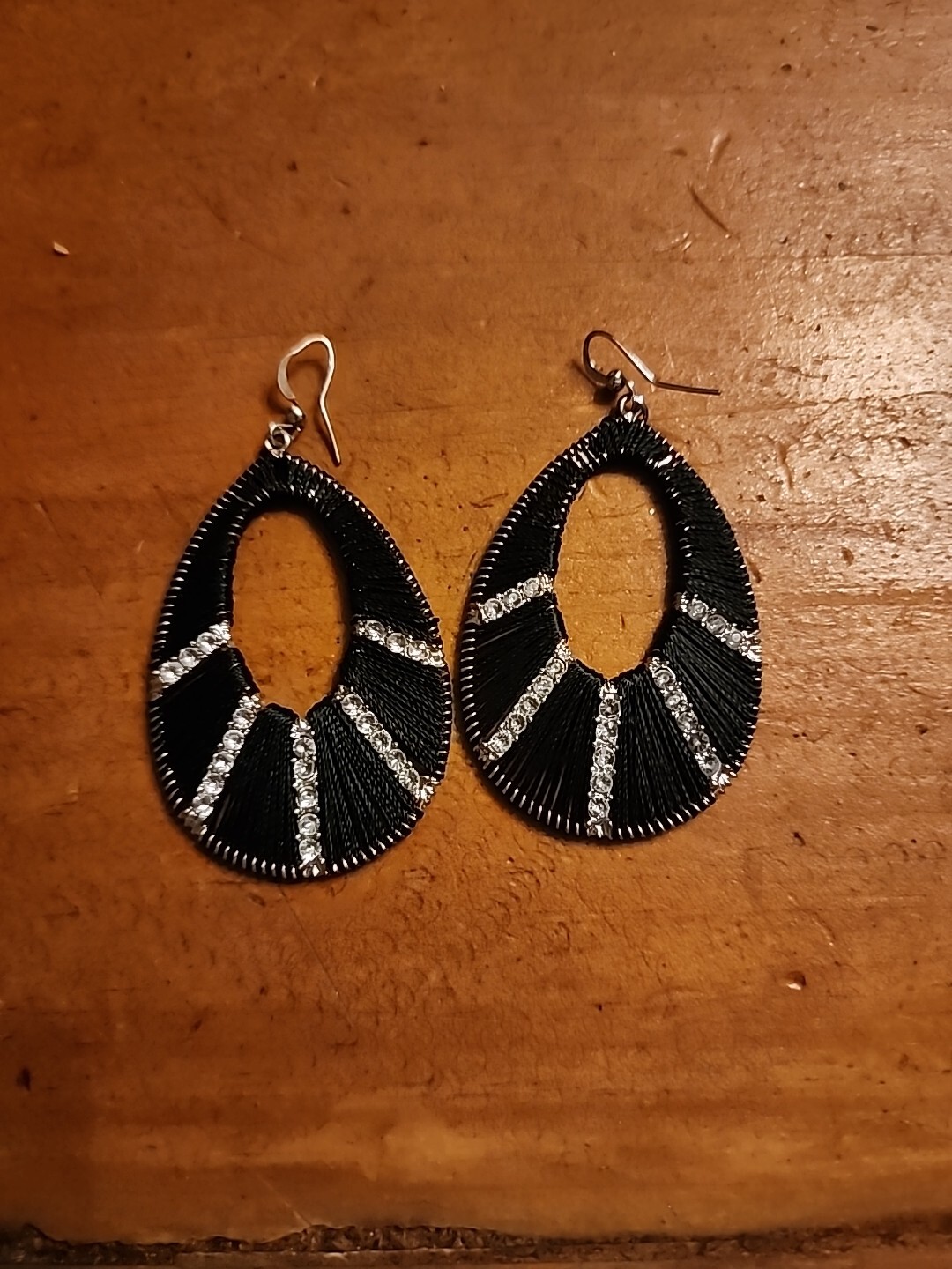 Black Silk String clear stone Dangle Drop Earrings - image 1