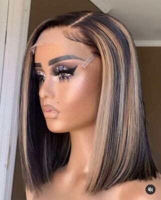 Ombre Blonde Brown Highlight Short Bob Human Hair 4x4 Lace Closure Wigs Glueless