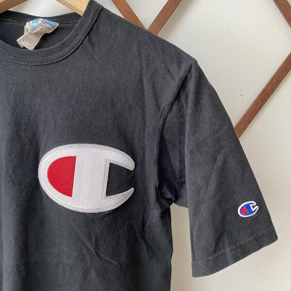 Vintage 90s Champion Big Logo Embroidery Patch T Shirt Black Mens