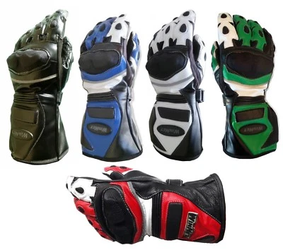 Gants De Moto En Cuir Rouge Bleu Noir Vert Ou Blanc XS S M L XL 2XL 3XL - Photo 1/2