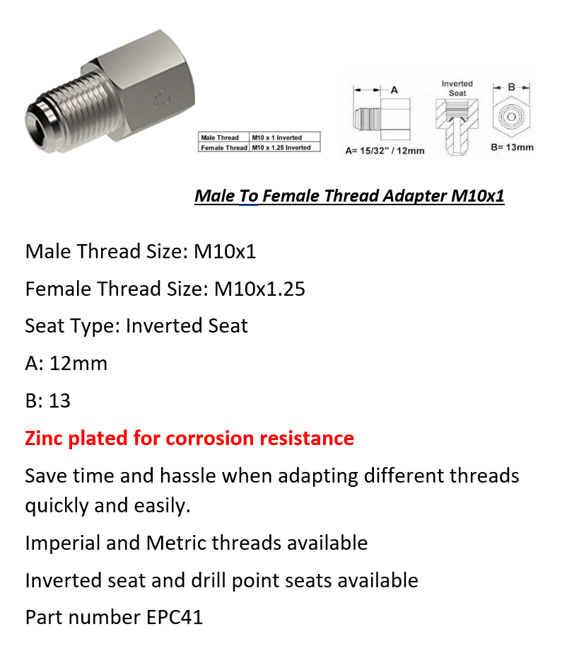 Brake Line Thread Adapter, Male M11 X 1.5 Bubble, Female M10 X 1