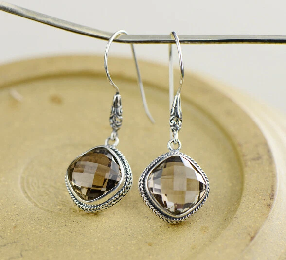 T09 Orecchini Quarzo Affumicato Braun Quadrato Rombo 925 Argento Sterling - Immagine 4 di 4