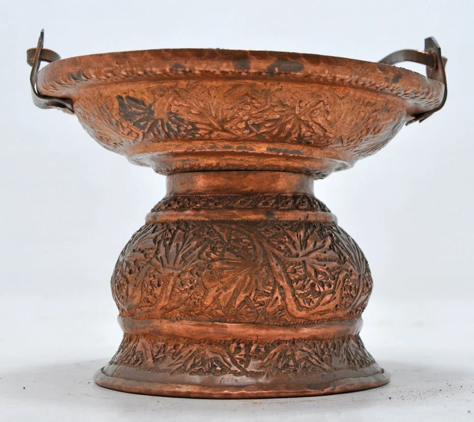 Antigua olla de incienso pequeña de cobre original antigua hecha a mano grabada Foto 3 de 4