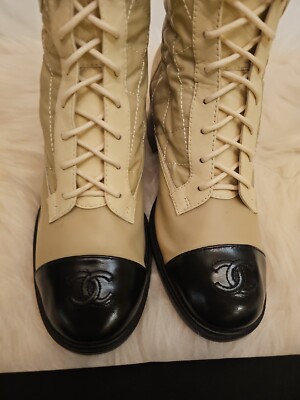 SALE!!!Chanel Quilted Leather and Beige Fabric Short Boots EU39