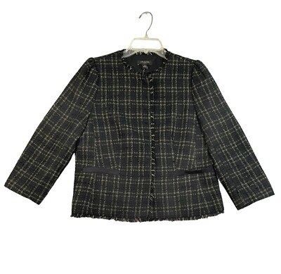 Ann Taylor Petite Blazer Jacket 12P Fringe Black Metallic Plaid Snap Front  NWT