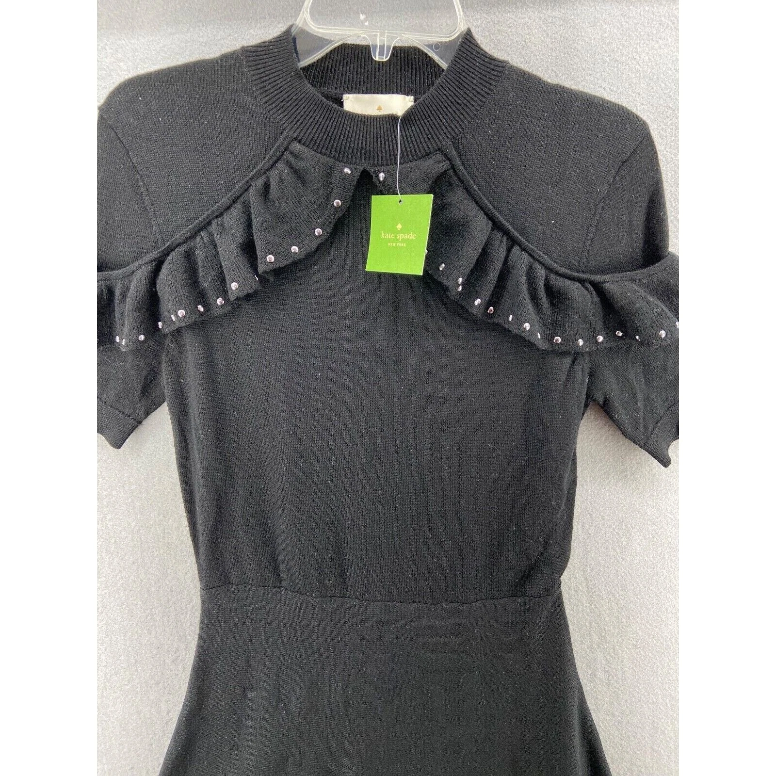 Abito donna Kate Spade nuovo con etichette maglione nero medio arricciato borchie linea A $398