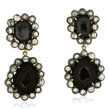32.95ct Black Geode Uncut Diamond Drop Dangle Earrings 925 Sterling Silver