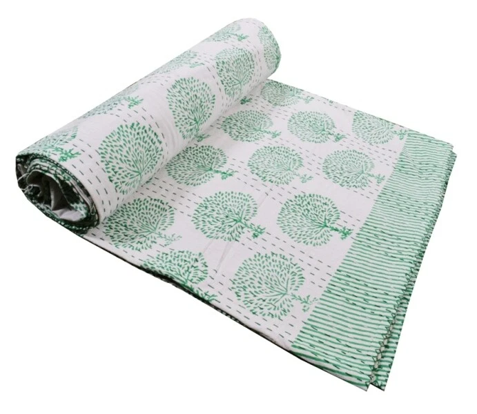 Handmade Tree Print Kantha Quilt Reversible Bedspread Double Cotton Coverlet - Image 3 of 4