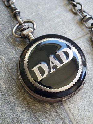 Majestron Pocket Watch Mens Black Silver DAD Quartz W/ Chain New Batt 47mm