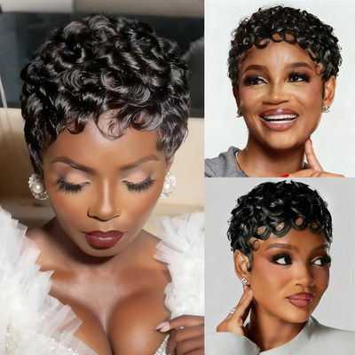 Kurze lockige Echthaarperücke, geschichtete lockige Pixie Cut kurze Perücken für Damen voll...