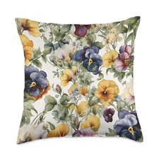 Watercolor Wildflower Pattern Throw Pillow - Pansy Design 18x18 in