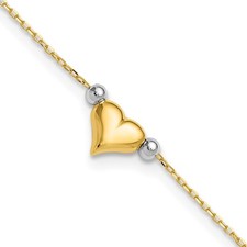 14k Two-tone Polished Puffed Heart Beads 10 inch Anklet Womens Love Gift