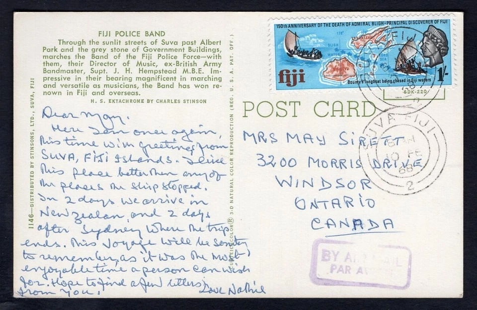 FIJI 1968 Police Band Postcard to Canada, 1/- Single, Airmail - Image 2 of 3