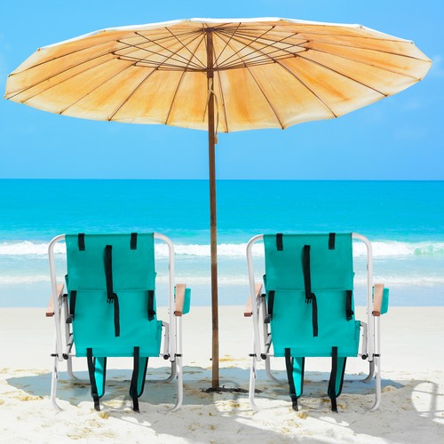 Set of 2 Folding Beach Lounge Chair Backpack Camping Chair Cup Holder Pillows