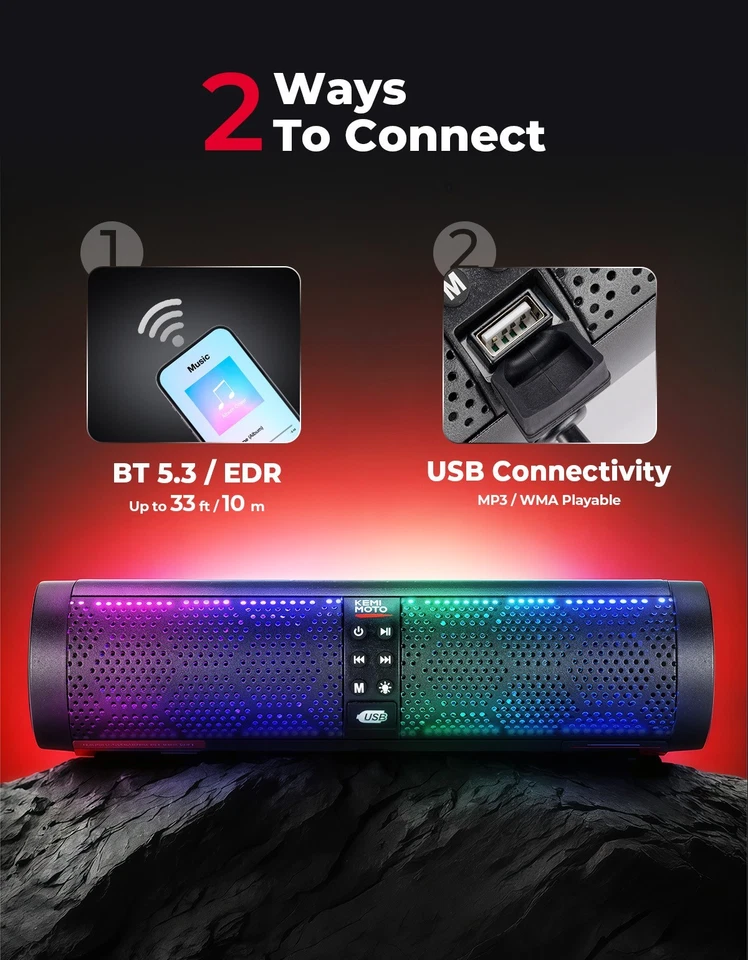 Barra de sonido estéreo para motocicleta 4 altavoces sistema de audio Bluetooth con luz LED RGB Foto 4 de 4