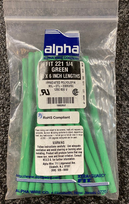Alpha Wire Company green heatshrink 6 inch lengths FIT 221 1/4