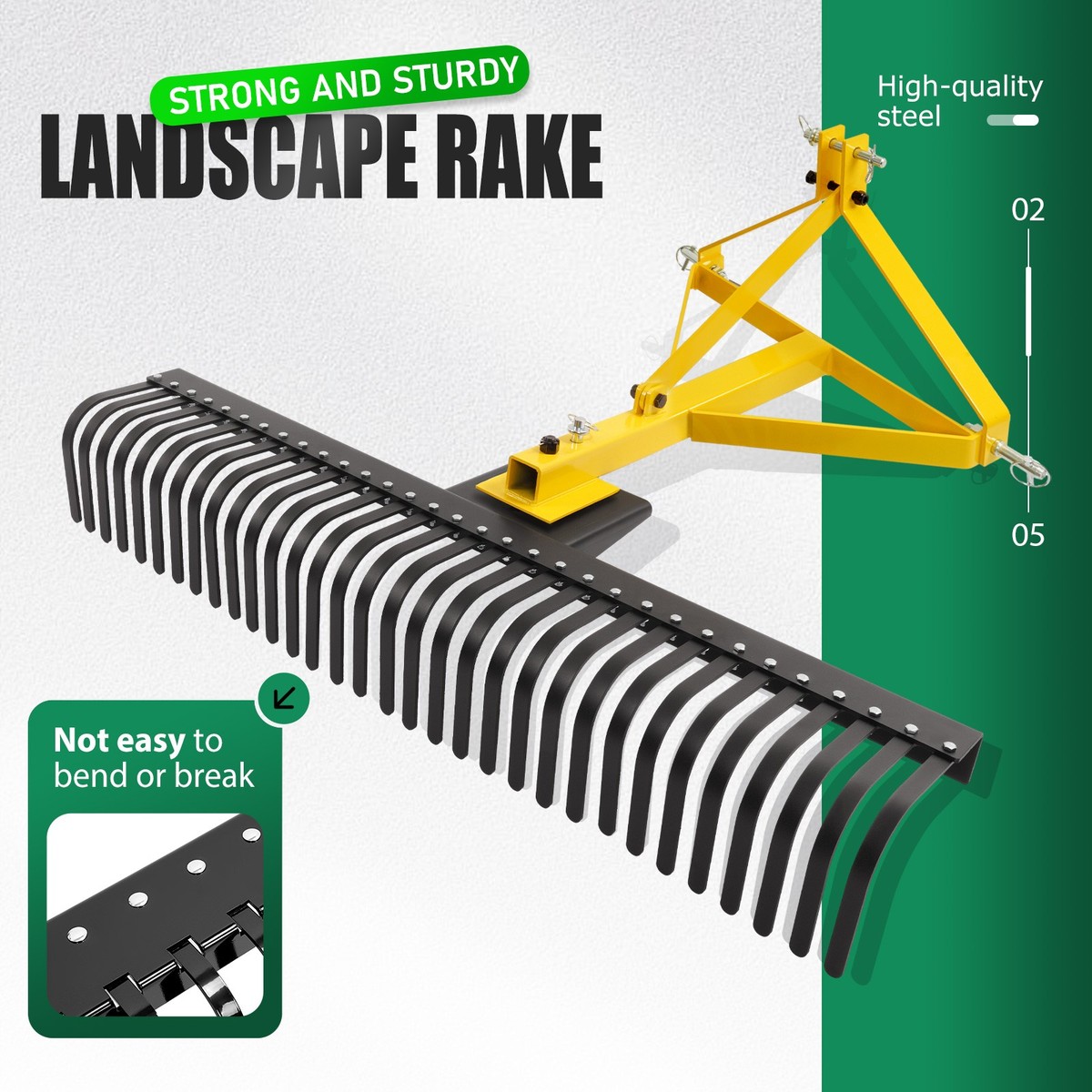 3 Pt 60'' Landscape Rock Rake Soil Gravel Lawn for Cat 1 Campact