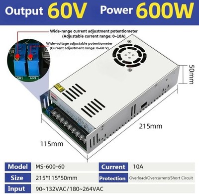 60V DC Power Supply PSU 600W for LED/CCTV/CNC/Servo Motor