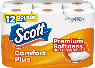 Scott ComfortPlus Toilet Paper 2-Ply Soft Bath Tissue | 12 Double Rolls Strong