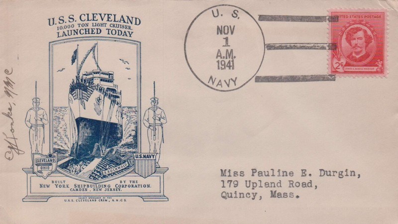 USS Cleveland CL 55 Launch Ceremony cover, postmark  U S Navy 1941