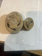 Set Of 2 Hand Carved India Soap Stone Trinket Box Mother Of Pearl Floral