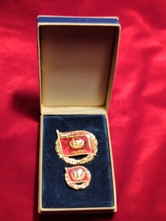 Original Cased Russian USSR Cold War matching Badge and Pin Flag inside wreath