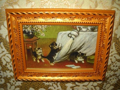 3 CATS UP TO NO GOOD 3 1/2 X 5 gold frame animal picture Victorian style print