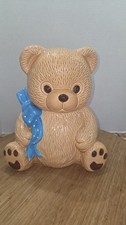 Vintage Ceramic Teddy Bear Cookie Jar With Blue Polka Dot Bow