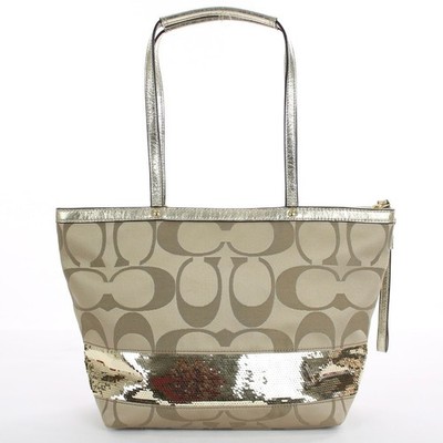 Coach Sequin Signature Tote Bag Gold Canvas Y2K Shoulder Bag