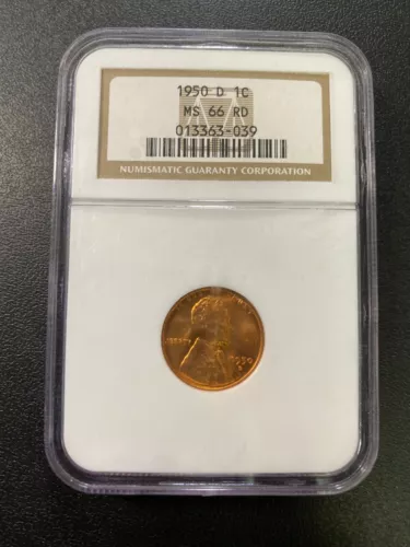 1950 D WHEAT CENT NGC MS-66 RD - UNCIRCULATED - RED - EARLY DATE - SLABBED - 1C