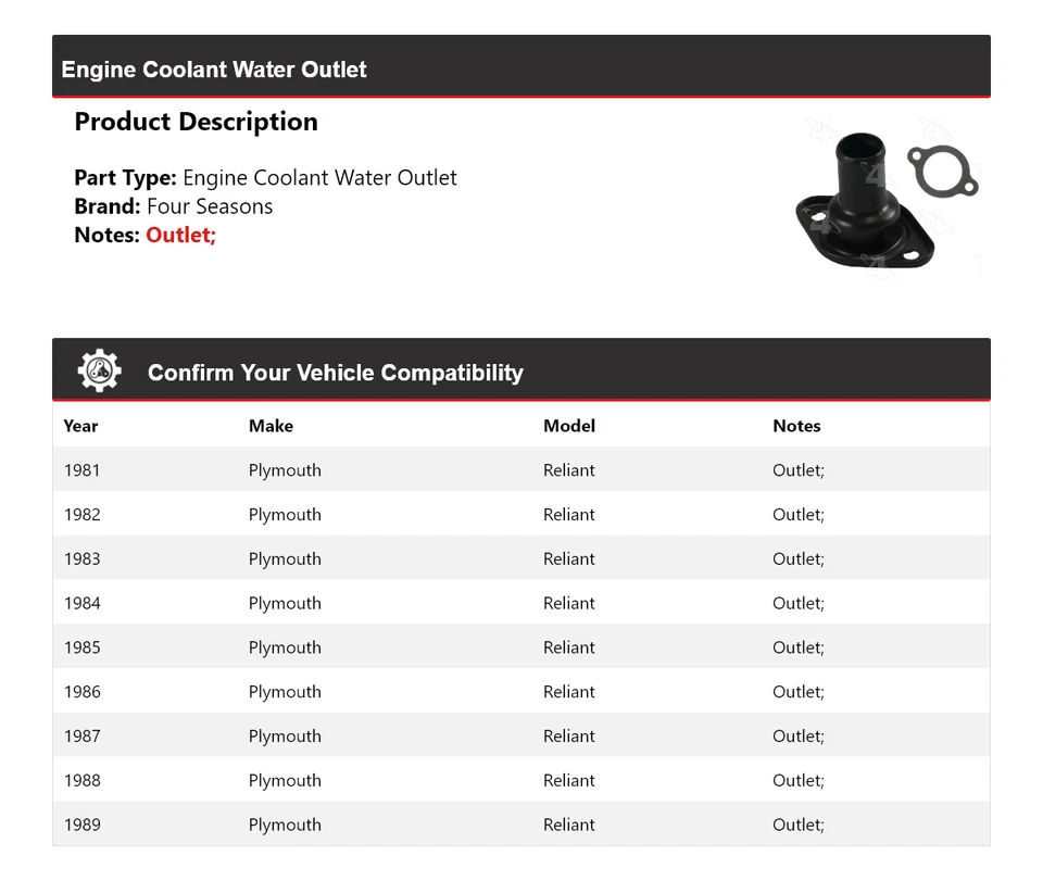 For 1981-1989 Plymouth Reliant Engine Coolant Water Outlet 4 Seasons 1982 1983 - Image 2 of 4