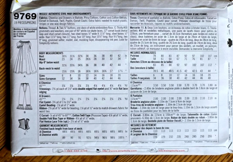 Simplicity Womens Civil War Chemise Drawers Corset Pattern #9769-SZ 14-20 Uncut - Image 2 of 3