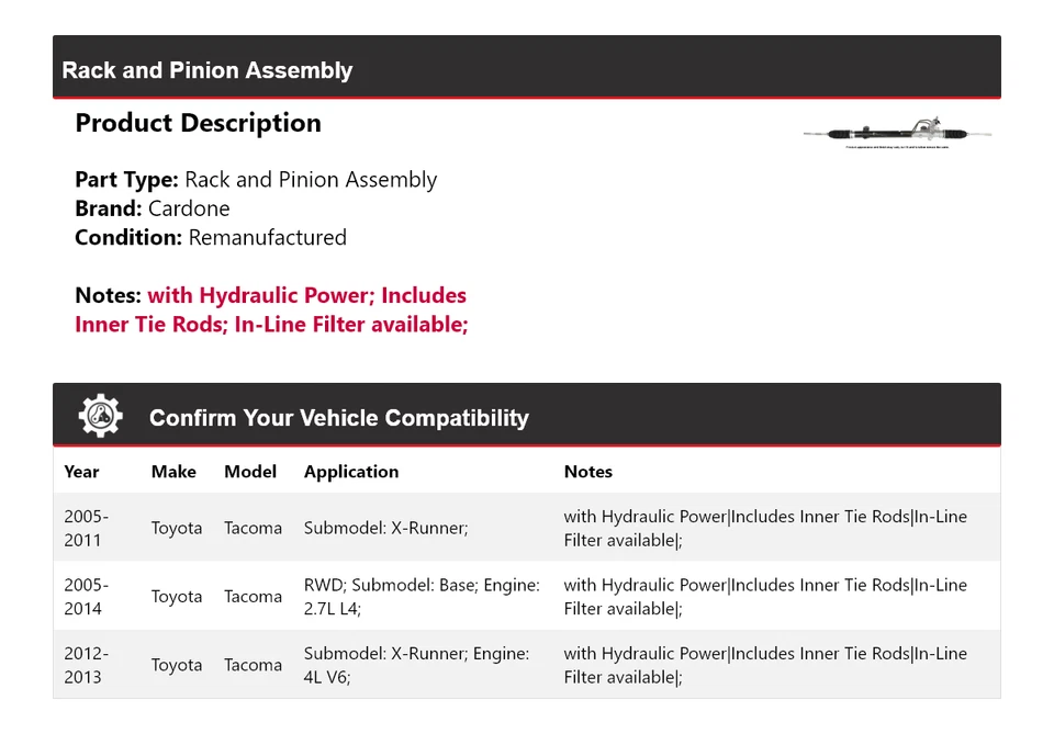 Montaje de piñón y cremallera para Toyota Tacoma 2005-2014 Cardone 2006 2007 2008 2009 Foto 2 de 4