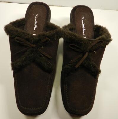 THOM McAN Women's Mules/Shoes sz-9 Brown  Leather upper Faux Fur Trim Wedges