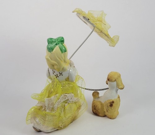 Vintage Girl w/ Umbrella and Poodle Japan Collectible Figurine 4" Yellow ribbon - Picture 5 of 15